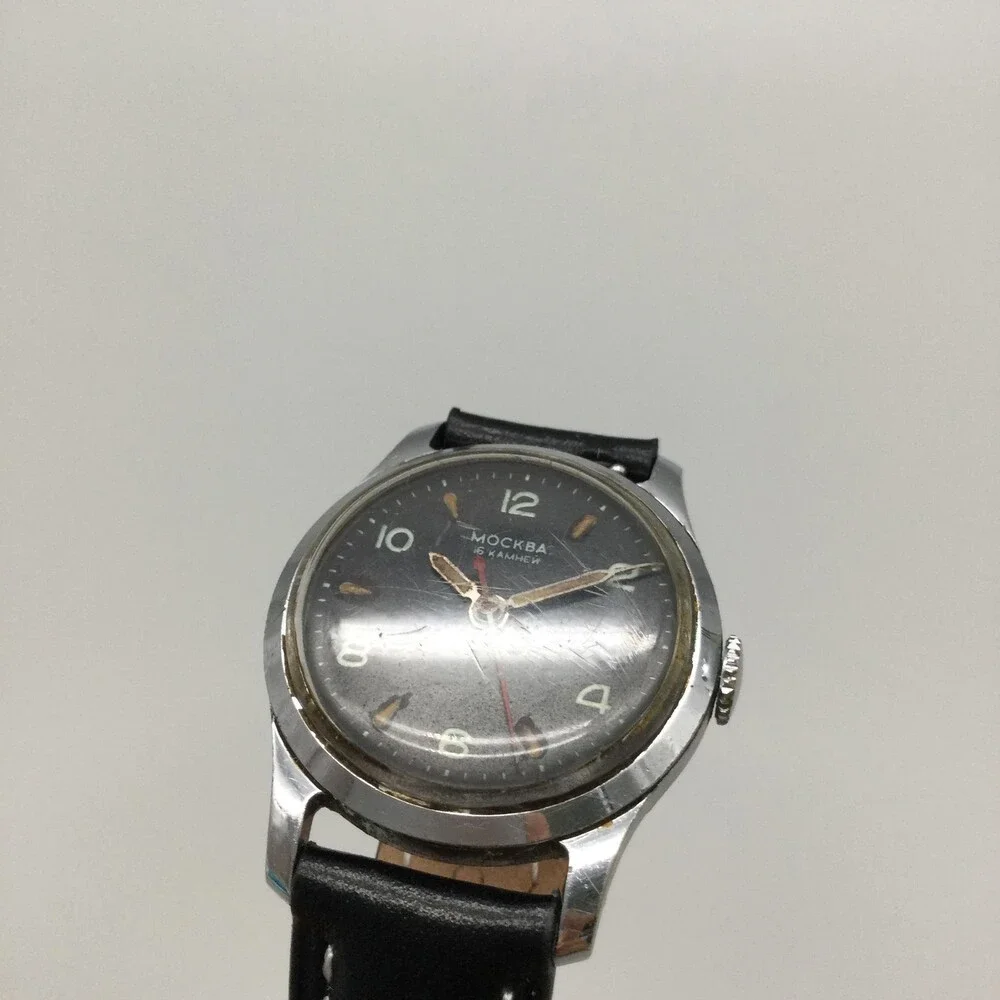 Vintage Moskva Mens Watch 29mm Black Dial Leather USSR Soviet Russia Moskva
